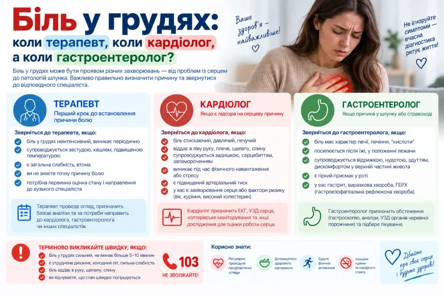 Пацієнт відчуває біль у грудях під час консультації з лікарем для визначення можливої причини симптому
