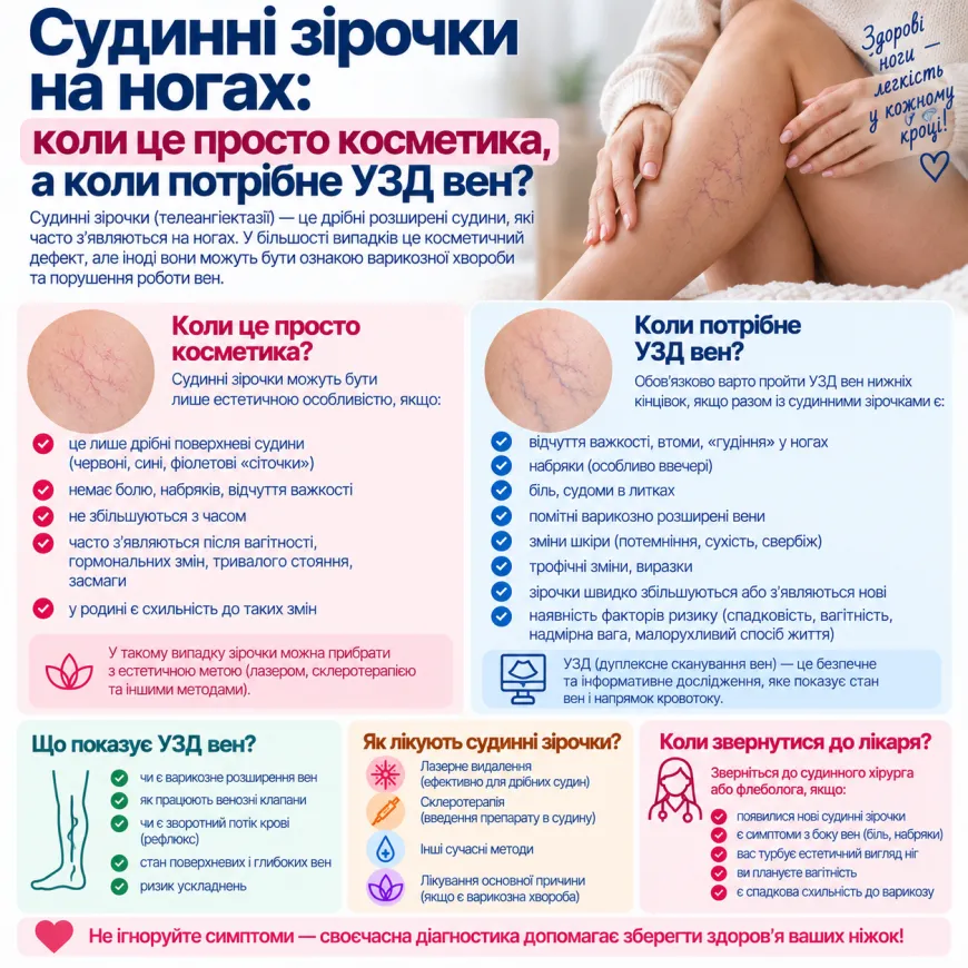 Судинні зірочки на ногах: коли це просто косметика, а коли потрібне УЗД вен